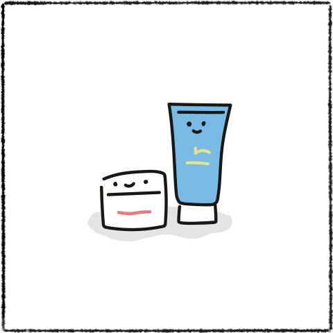 A simple illustration of two smiling skincare products: a round jar with a white lid and a tube with a blue body.
