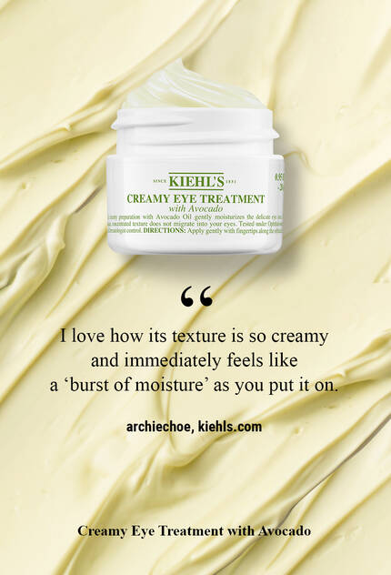 A jar of Kiehl's Creamy Eye Treatment with Avocado against a creamy, textured background, accompanied by a customer testimonial about its moisturizing texture.