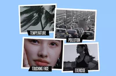 A collage featuring four images: a blurred photo of palm trees indicating temperature, a traffic jam illustrating pollution, a close-up of a person touching their face, and a black-and-white image of a woman running, symbolizing exercise. The background is light blue, and each image has a label at the bottom.