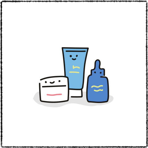 A simple illustration of three skincare products: a round jar, a tube, and a dropper bottle, all with cheerful smiley faces.
