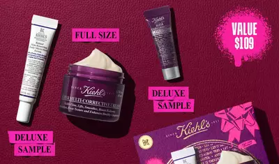 Une image, sur un fond texture rouge fonce, presente trois produits Kiehl’s et une boite cadeau. Un tube blanc et violet de "Kiehl's Retinol Skin-Renewing Daily Micro-Dose Serum" est etiquete "DELUXE SAMPLE" en rose vif. Un pot violet de "Kiehl's Super Multi-Corrective Cream" avec de la creme visible est etiquete "FULL SIZE" en rose vif. Un petit tube violet de "Kiehl's Super Multi-Corrective Eye Zone Treatment" est etiquete "DELUXE SAMPLE" en rose vif. Dans le coin inferieur droit, une boite cadeau violette Kiehl’s presentant les trois memes produits est visible, decoree d'eclaboussures de peinture graphique rose vif.
