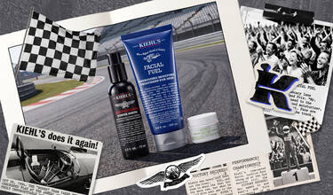 Un collage de style retro comprenant des voitures de course, un drapeau a damier et plusieurs produits de soin Kiehl's, notamment les gammes Facial Fuel et Age Defender, sur fond de circuit automobile.