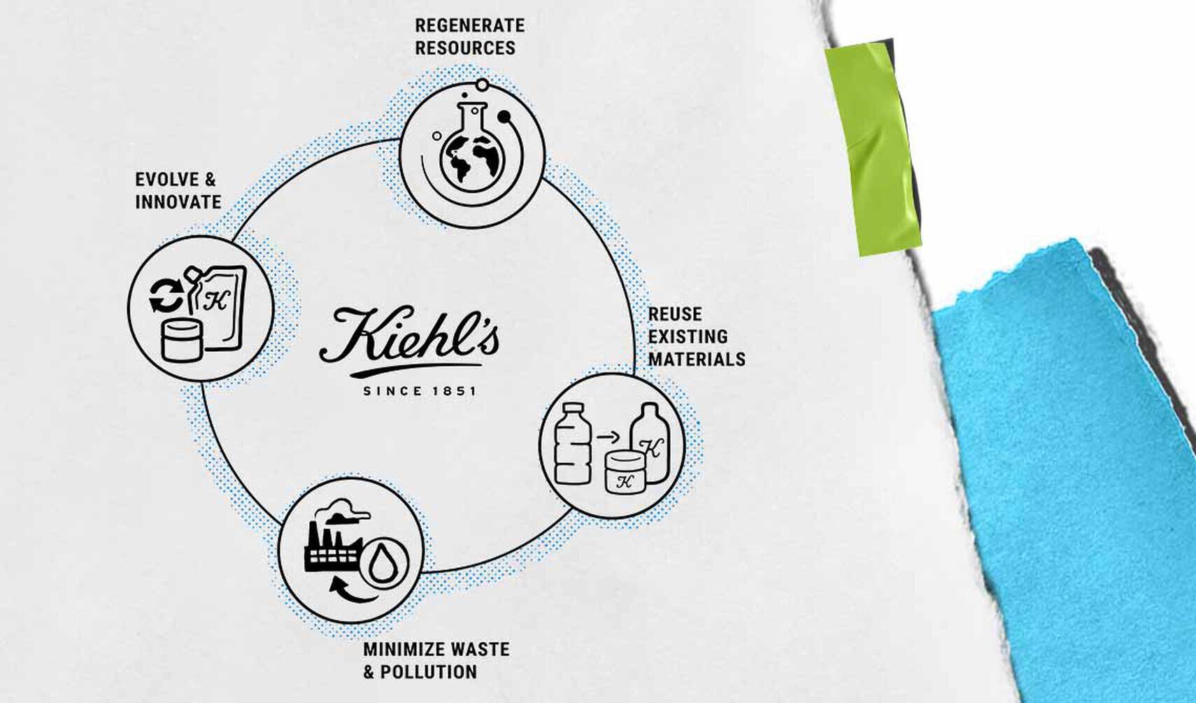 Een cirkelvormige grafiek die de duurzaamheidsprincipes van Kiehl's illustreert: evolueren, regenereren, materialen hergebruiken en afval minimaliseren, met pictogrammen voor elk concept.