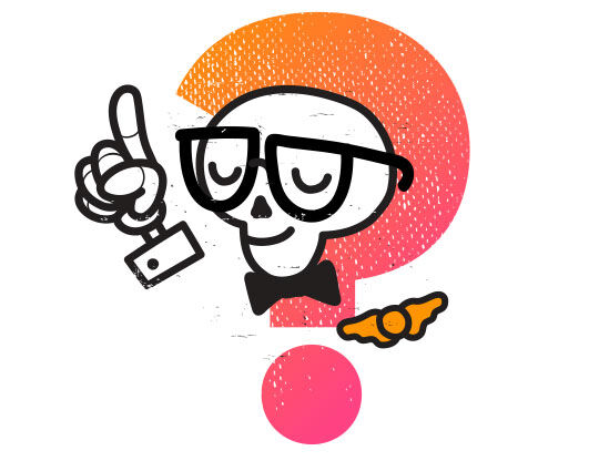 Een cartoonachtige schedel met bril en strikje, wijzend naar een vraagteken in vrolijke kleuren.