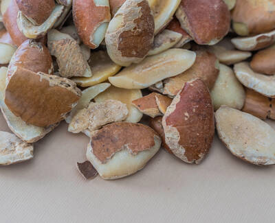 A close-up view of various nut shells scattered on a surface, showcasing their brown and beige colors and textured surfaces.