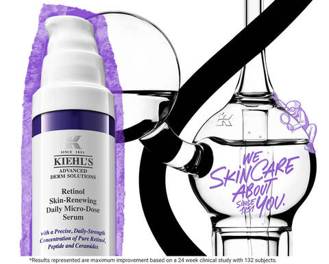 Afbeelding van Kiehl's huidverzorgingsproducten, waaronder een lila serum en een nachtcreme, naast een glazen fles met de tekst "We Skincare About You."