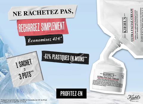 Texte promotionnel sur fond lumineux, indiquant une offre de recharge de produits skincare de la marque Kiehl's avec des messages sur l'economie et la reduction plastique.