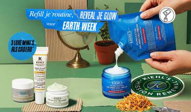 Groene achtergrond met Kiehl's duurzame producten, een refill logo, globe en bomen. Afbeelding van Rare Earth masker, Avocado oogcreme en UV-bescherming als cadeau.