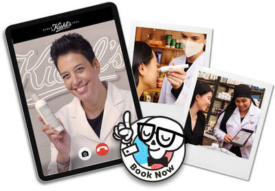 A montage featuring a smiling professional holding a skincare product, alongside images of consultations and interactions between a skincare expert and clients, with a "Book Now" graphic.