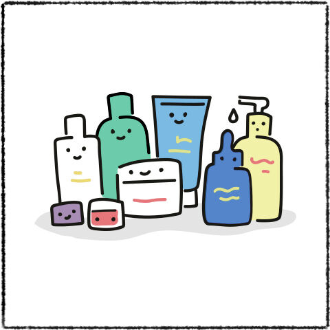 A colorful illustration of various happy skincare and beauty products, including bottles, tubes, and jars, arranged together with smiling faces.