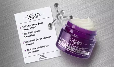 A jar of Kiehl's Super Multi-Corrective Eye Zone Treatment beside a printed list of benefits, highlighting improvements in brow area lift, eyelid smoothing, outer corner firmness, and under-eye de-puffing percentages.