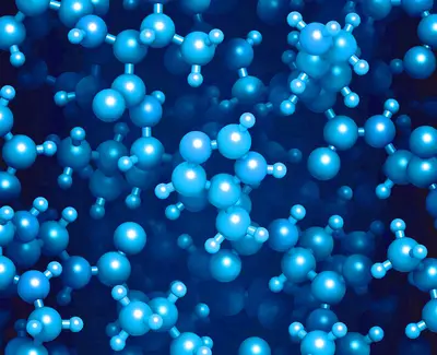 Abstract illustration of blue molecular structures scattered against a dark background, representing a scientific or chemical concept.