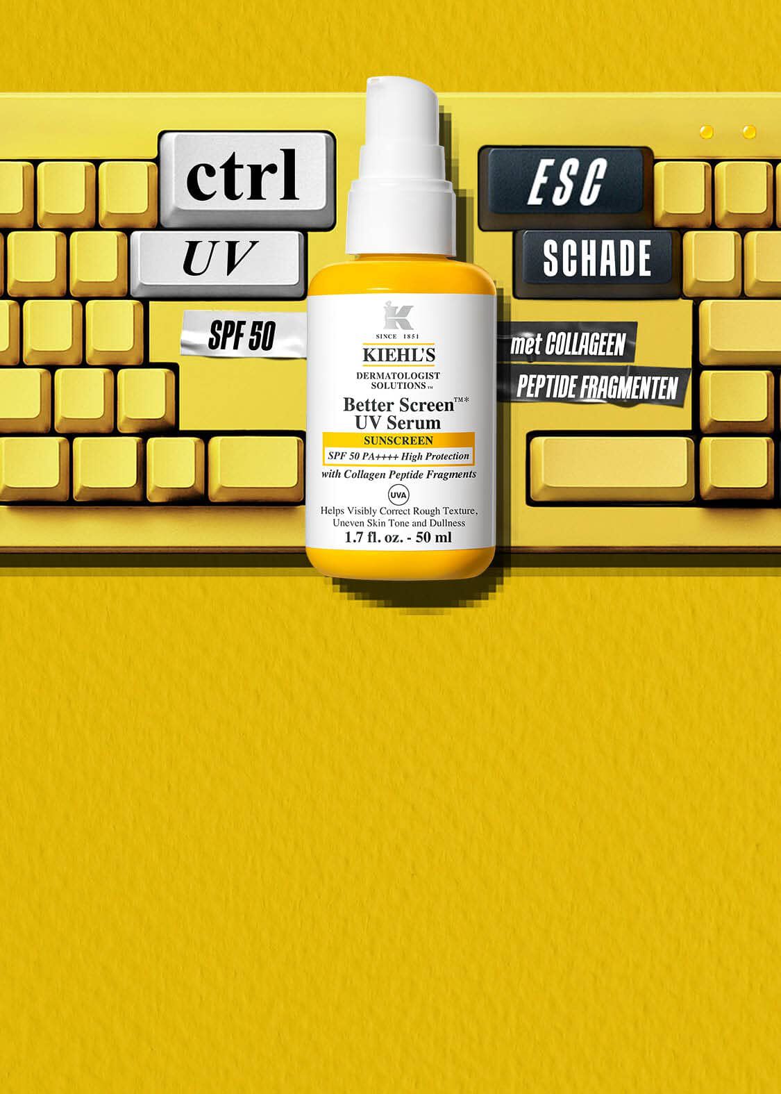 Drie Kiehl's huidverzorgingsproducten opgesteld tegen een felgele achtergrond met een wielrenthema. Links staat een gele pompfles van het "Better Screen UV Serum", in het midden een geopende rode pot met de "Ultra Facial Meltdown Recovery Cream" die een rijke witte creme laat zien, en rechts een witte tube van de "Ultra Facial Barrier-Hydrating Cleanser". Op de achtergrond liggen een witte fietshelm met de merknaam "Kiehl's" en een sportieve zonnebril. Rondom de producten liggen een landkaart, decoratieve miniatuurfietsen en zwart-wit polaroidfoto's van fietsers.