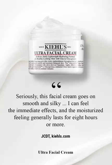 A jar of Kiehl's Ultra Facial Cream with a smooth texture, accompanied by a quote about its immediate moisturizing effects and lasting hydration.