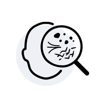 An illustrated magnifying glass inspecting a human head, highlighting small details or imperfections on the surface.