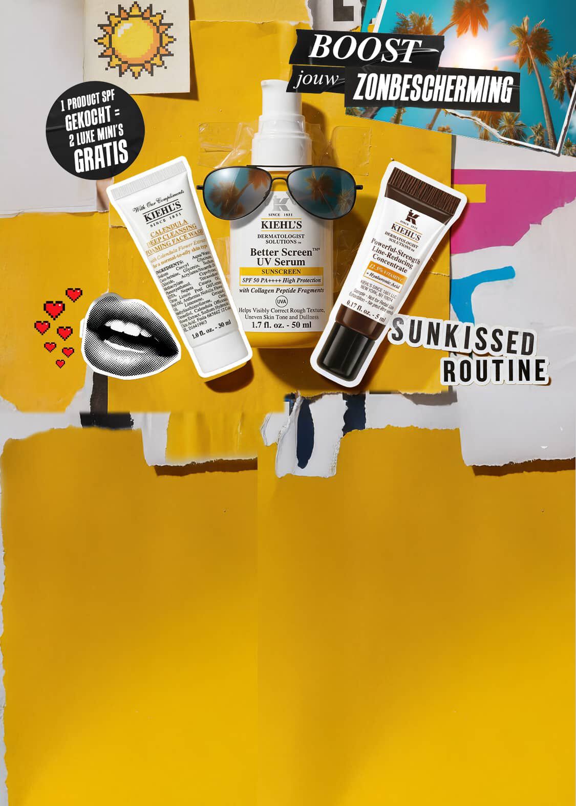 Afbeelding van Kiehl's Better Screen UV Serum en andere zonbeschermingsproducten, met een glowy effect.