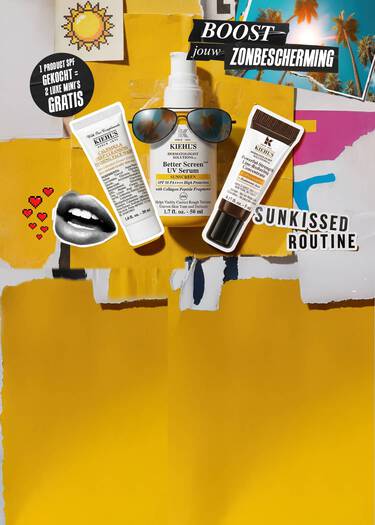 Afbeelding van Kiehl's Better Screen UV Serum en andere zonbeschermingsproducten, met een glowy effect.