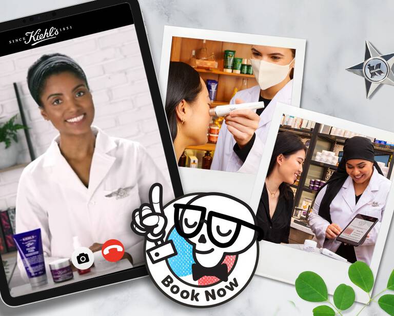 A digital tablet displaying a skincare presentation with a smiling presenter, flanked by two polaroid-style photos of skincare consultations. The text "Book Now!" is featured in a playful style.