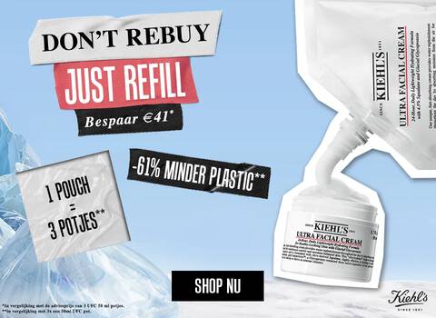 Een advertentie van Kiehl's met de boodschap om producten te hervullen in plaats van opnieuw te kopen, met nadruk op besparing en vermindering van plastic afval.