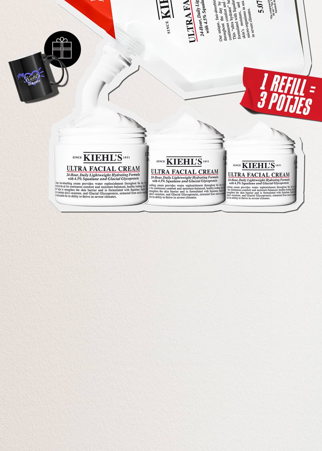 Image promotionnelle pour la creme Ultra Facial Cream de Kiehl's. En haut, une eco-recharge blanche verse une texture cremeuse blanche qui remplit trois pots ouverts de creme hydratante. Sur le cote droit, un bandeau rouge indique en blanc "1 RECHARGE = 3 POTS". En haut a gauche, on apercoit un mug noir avec le logo violet "My Kiehl's Rewards" et une icone ronde representant un cadeau stylise.