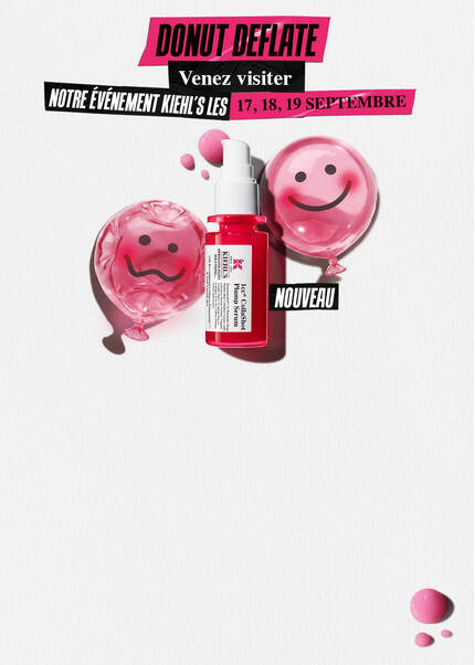 Banniere Kiehl's pour le mois de septembre avec le texte : Donut Deflate. Come & visit our Kiehl's event on 25, 26, 27 September. Visuel du nouveau flacon Kiehl's CollaShot Plump Serum entoure de ballons roses souriants.