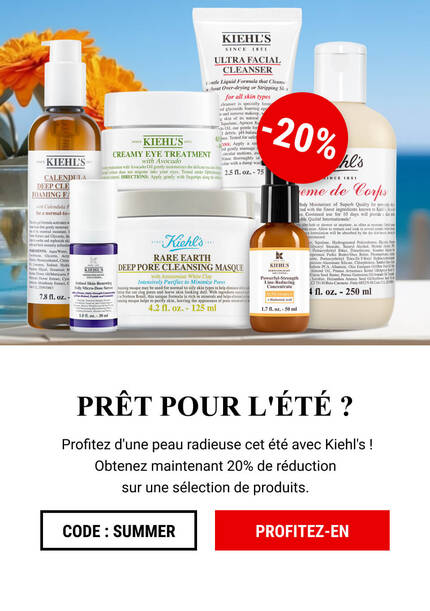 Image promotionnelle de produits Kiehl's avec un texte annoncant une reduction de 25 % sur des combinaisons selectionnees, entouree de feuilles vertes et d'un fond blanc.
