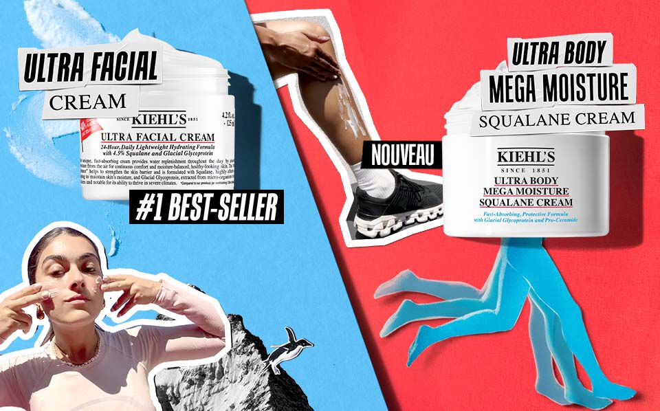Des publicites colorees pour des cremes hydratantes, mettant en avant une creme pour le visage et une creme pour le corps, avec des elements de montagne en arriere-plan.