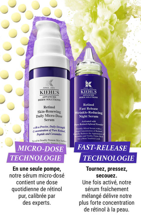 Alt text: Deux flacons de serum Kiehl's avec des perles jaunes en arriere-plan, accompagnes de descriptions en francais sur la technologie de micro-dose et de liberation rapide du retinol.