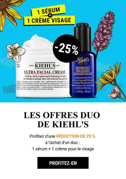 Offre promotionnelle pour les soins de la peau Kiehl's : 1 serum et 1 creme visage avec une reduction de 25 %.