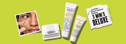 Une banniere publicitaire horizontale de Kiehl's sur un fond uni vert lime legerement texture, presentant sur le cote gauche une photo carree de style Polaroid montrant une personne appliquant une creme jaune clair sur le contour de l'oeil. Au centre de la banniere se trouvent trois miniatures de luxe alignees, comprenant une toute petite Ultra Facial Cream blanche, un tube blanc plus grand de Calendula Deep Cleansing Foaming Face Wash et un petit tube blanc avec une bande jaune de Better Screen UV Serum Sunscreen SPF 50+. Sur le cote droit, un morceau de papier blanc dechire est fixe avec du ruban adhesif transparent et affiche l'inscription manuscrite "Kiehl's Best Seller Set" avec une fleche pointant vers le texte en lettres majuscules noires epaisses "3 DELUXE MINI'S".