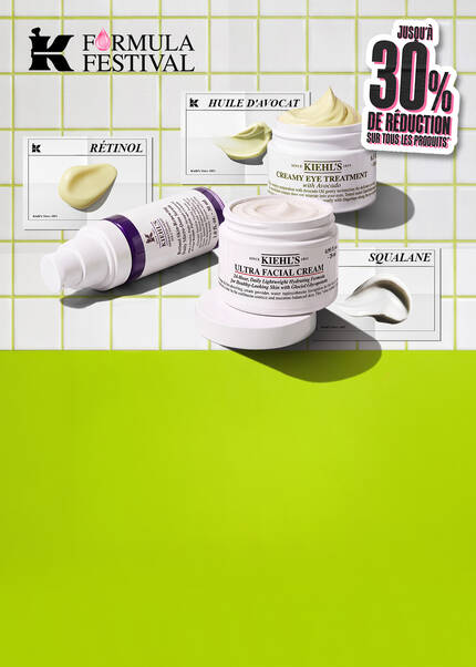 Banniere Formula Festival de Kiehl’s presentant une selection de soins, dont Ultra Facial Cream, Creamy Eye Treatment with Avocado et un serum au retinol, sur un fond de carreaux blancs accompagne d’illustrations d’huile d’avocat, de retinol et de squalane. A droite, le message indique : « Jusqu’a -30 % sur tous les produits* », sur un fond vert vif.