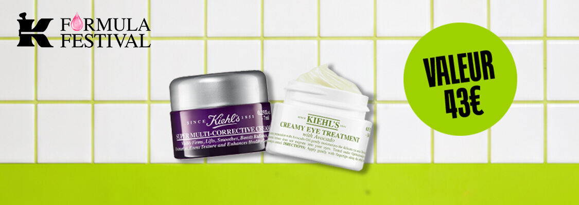 Banniere promotionnelle pour le 'Formula Festival' sur un fond de carreaux blancs a joints vert clair. En haut a gauche figure le logo noir de Kiehl's avec le texte "Formula Festival" et une icone de goutte rose. Au centre sont presentes deux produits Kiehl's : un pot violet de 'Super Multi-Corrective Cream' et un pot blanc de 'Creamy Eye Treatment with Avocado'. En haut a droite, un cercle vert vif affiche en noir : "Valeur 43 €". Le bas de la banner presente une bande unie vert clair.