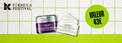 Banniere promotionnelle pour le 'Formula Festival' sur un fond de carreaux blancs a joints vert clair. En haut a gauche figure le logo noir de Kiehl's avec le texte "Formula Festival" et une icone de goutte rose. Au centre sont presentes deux produits Kiehl's : un pot violet de 'Super Multi-Corrective Cream' et un pot blanc de 'Creamy Eye Treatment with Avocado'. En haut a droite, un cercle vert vif affiche en noir : "Valeur 43 €". Le bas de la banner presente une bande unie vert clair.