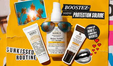 Image du serum UV Better Screen de Kiehl's et d'autres produits de protection solaire, avec un effet lumineux.