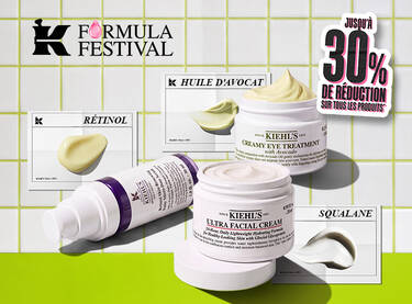 Banniere Formula Festival de Kiehl’s presentant une selection de soins, dont Ultra Facial Cream, Creamy Eye Treatment with Avocado et un serum au retinol, sur un fond de carreaux blancs accompagne d’illustrations d’huile d’avocat, de retinol et de squalane. A droite, le message indique : « Jusqu’a -30 % sur tous les produits* », sur un fond vert vif.