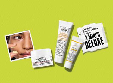 Une banniere publicitaire horizontale de Kiehl's sur un fond uni vert lime legerement texture, presentant sur le cote gauche une photo carree de style Polaroid montrant une personne appliquant une creme jaune clair sur le contour de l'oeil. Au centre de la banniere se trouvent trois miniatures de luxe alignees, comprenant une toute petite Ultra Facial Cream blanche, un tube blanc plus grand de Calendula Deep Cleansing Foaming Face Wash et un petit tube blanc avec une bande jaune de Better Screen UV Serum Sunscreen SPF 50+. Sur le cote droit, un morceau de papier blanc dechire est fixe avec du ruban adhesif transparent et affiche l'inscription manuscrite "Kiehl's Best Seller Set" avec une fleche pointant vers le texte en lettres majuscules noires epaisses "3 DELUXE MINI'S".