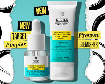Een afbeelding van twee Kiehl's huidverzorgingsproducten: een serum voor het bestrijden van puistjes en een lotion voor het voorkomen van oneffenheden. De tekst benadrukt dat ze nieuw zijn.