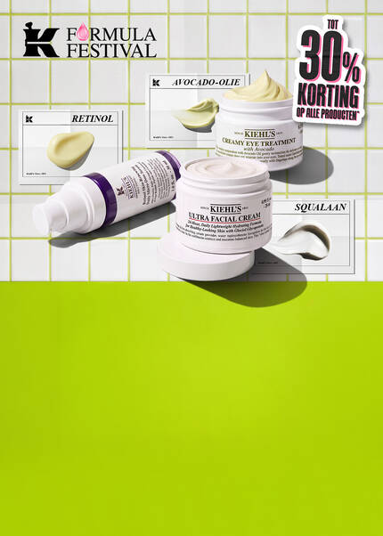 Banniere Formula Festival de Kiehl’s presentant une selection de soins, dont Ultra Facial Cream, Creamy Eye Treatment with Avocado et un serum au retinol, sur un fond de carreaux blancs accompagne d’illustrations d’huile d’avocat, de retinol et de squalane. A droite, le message indique : « Jusqu’a -30 % sur tous les produits* », sur un fond vert vif.
