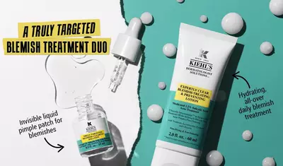 Alt text: An advertisement for Kiehl's acne treatment duo featuring a dropper bottle of invisible liquid pimple patch and a tube of acne-fighting lotion, with text highlighting their targeted and hydrating properties.