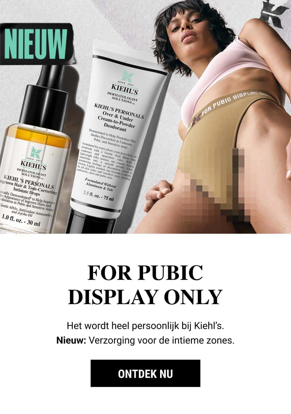 Een advertentie van Kiehl's met de nieuwe producten voor persoonlijke verzorging, inclusief een deodorant en gezichtsmiddelen. Op de achtergrond staat een model in onderkleding.