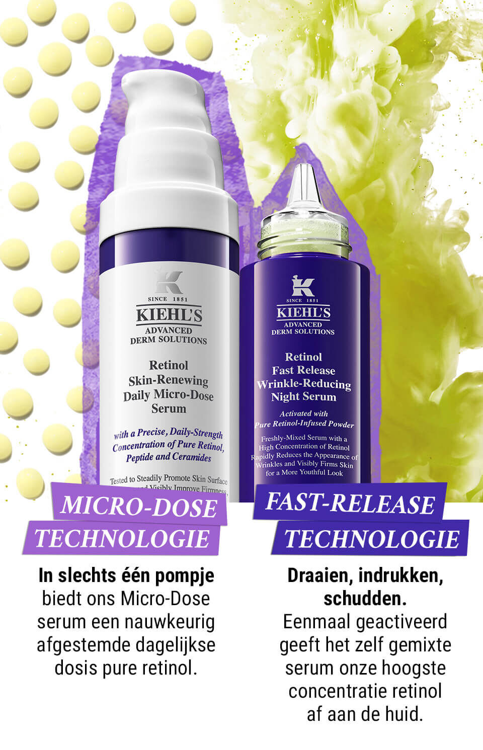 Alt-tekst: Twee Kiehl's producten voor huidverzorging met een achtergrond van gele parels. De tekst benadrukt micro-dosis technologie en snelle afgifte technologie voor retinol serums.