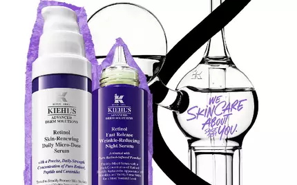 Afbeelding van Kiehl's huidverzorgingsproducten, waaronder een paarse fles met serum en een transparante fles met een nachtserum. De achtergrond is wit met een zwarte lijn en de tekst "WE SKIN CARE ABOUT YOU".