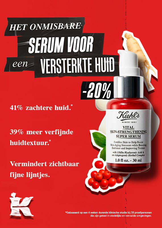 Promotionele afbeelding voor het Kiehl's Vital Skin-Strengthening Super Serum tegen een felrode achtergrond. De hoofdboodschap luidt: "Het onmisbare serum voor een versterkte huid" met een opvallende korting van -20%. De visual toont het productflesje omringd door ingredienten zoals een ginsengwortel en rode bessen. Belangrijke geclaimde resultaten zijn: 41% zachtere huid, 39% meer verfijnde huidtextuur en een zichtbare vermindering van fijne lijntjes.