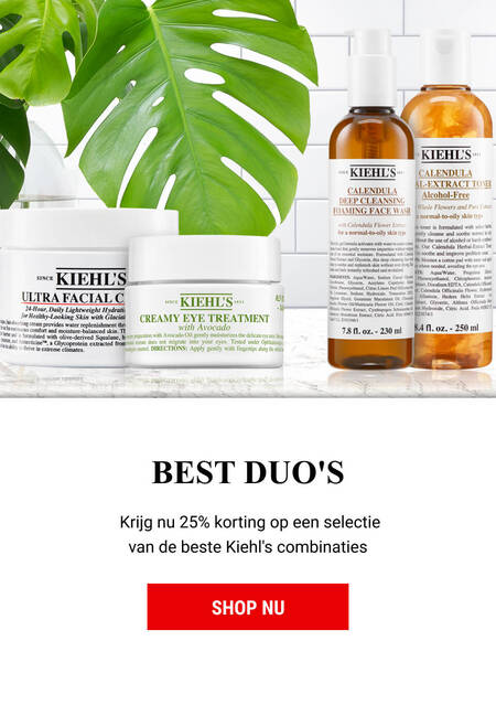 Advertentie voor Kiehl's met producten op een achtergrond van groene planten. De tekst vermeldt "BEST DUO'S" en biedt 25% korting op geselecteerde combinaties.