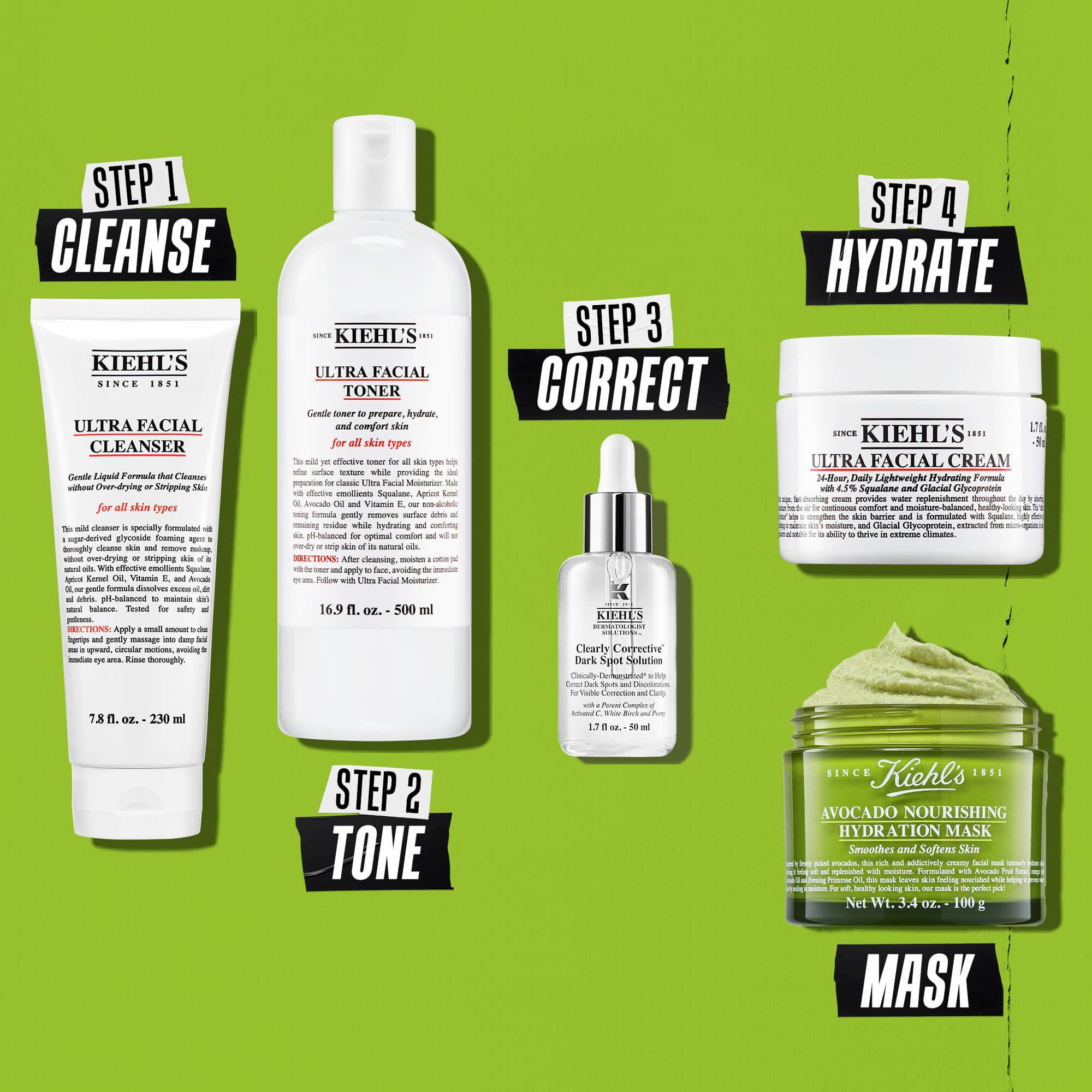 Illustratie van de avocadomasker-routine - Reinigen, Tonifieren, Corrigeren, Hydrateren, Masker