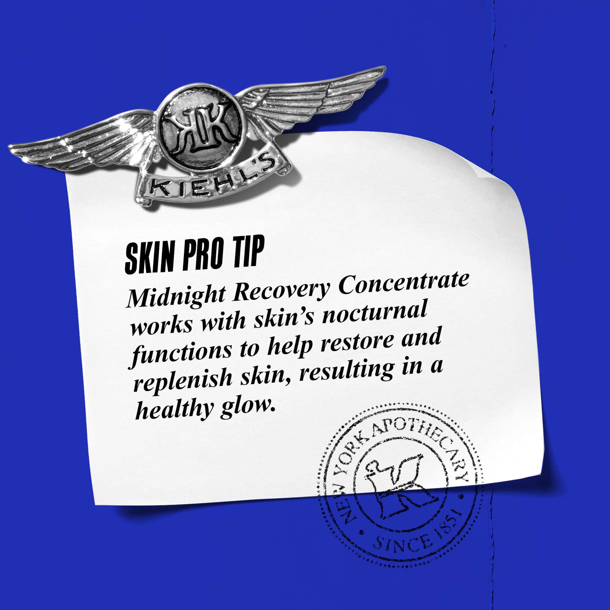 Graphique avec le texte : « Conseil d'expert : Midnight Recovery Concentrate agit en synergie avec les fonctions nocturnes de la peau pour aider a restaurer et regenerer la peau, lui donnant un eclat sain. »