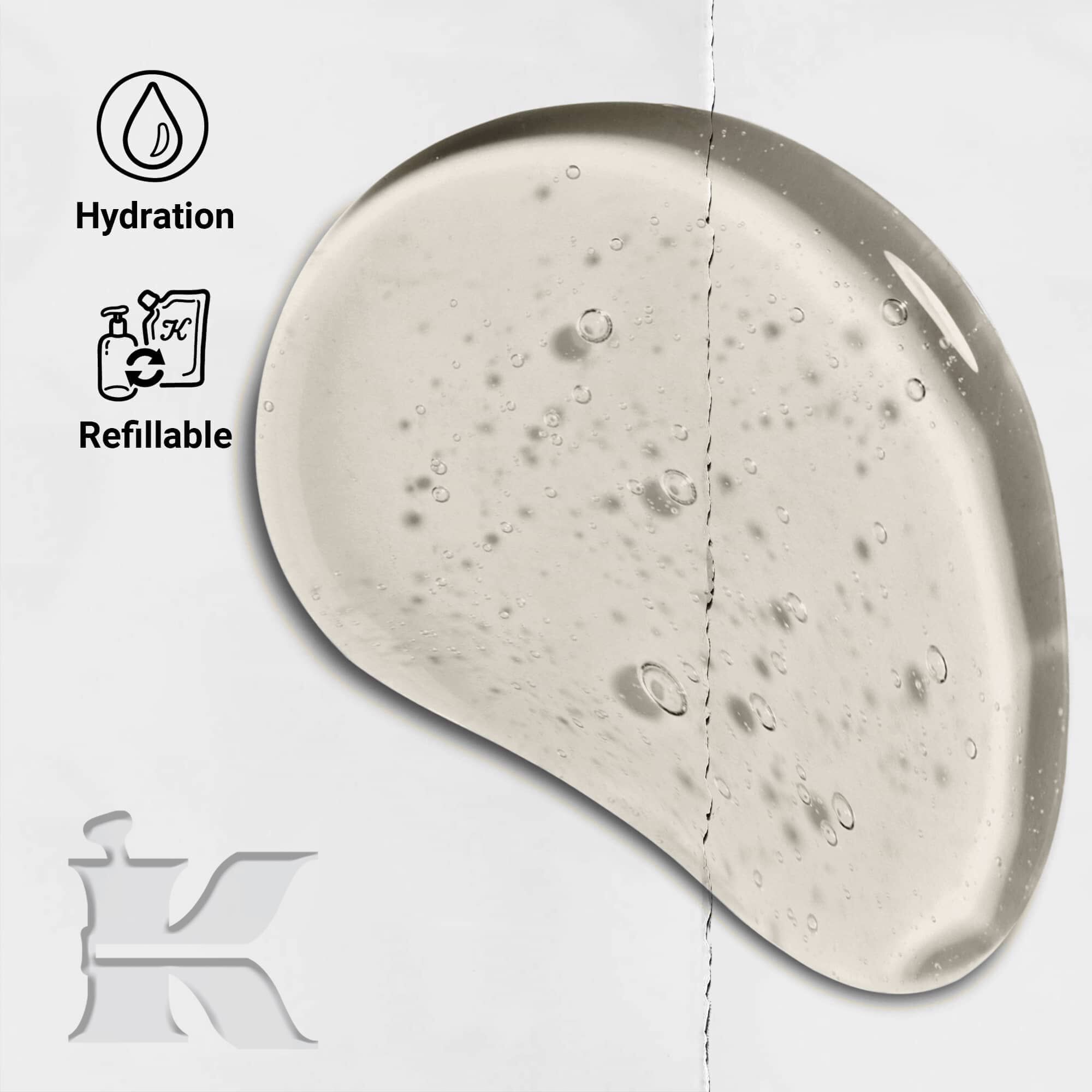 Photo de la texture du shampoing Amino Acid avec des icones indiquant qu'il est rechargeable et hydratant