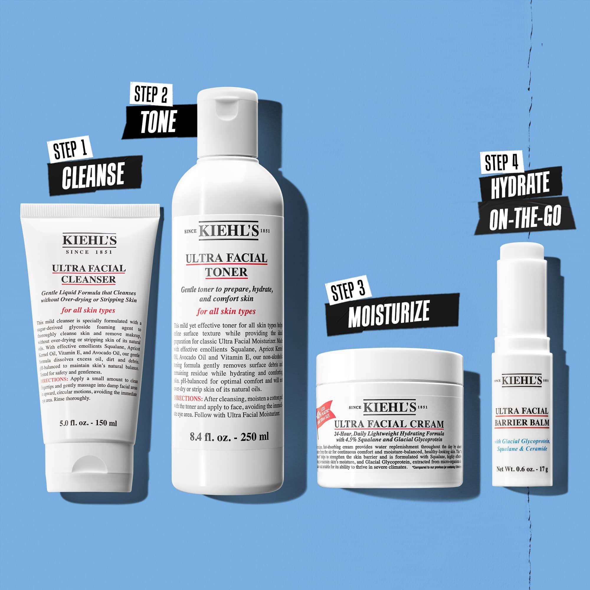 Illustration de la routine Ultra Facial Cleanser - Nettoyer, Tonifier, Hydrater, Hydrater partout