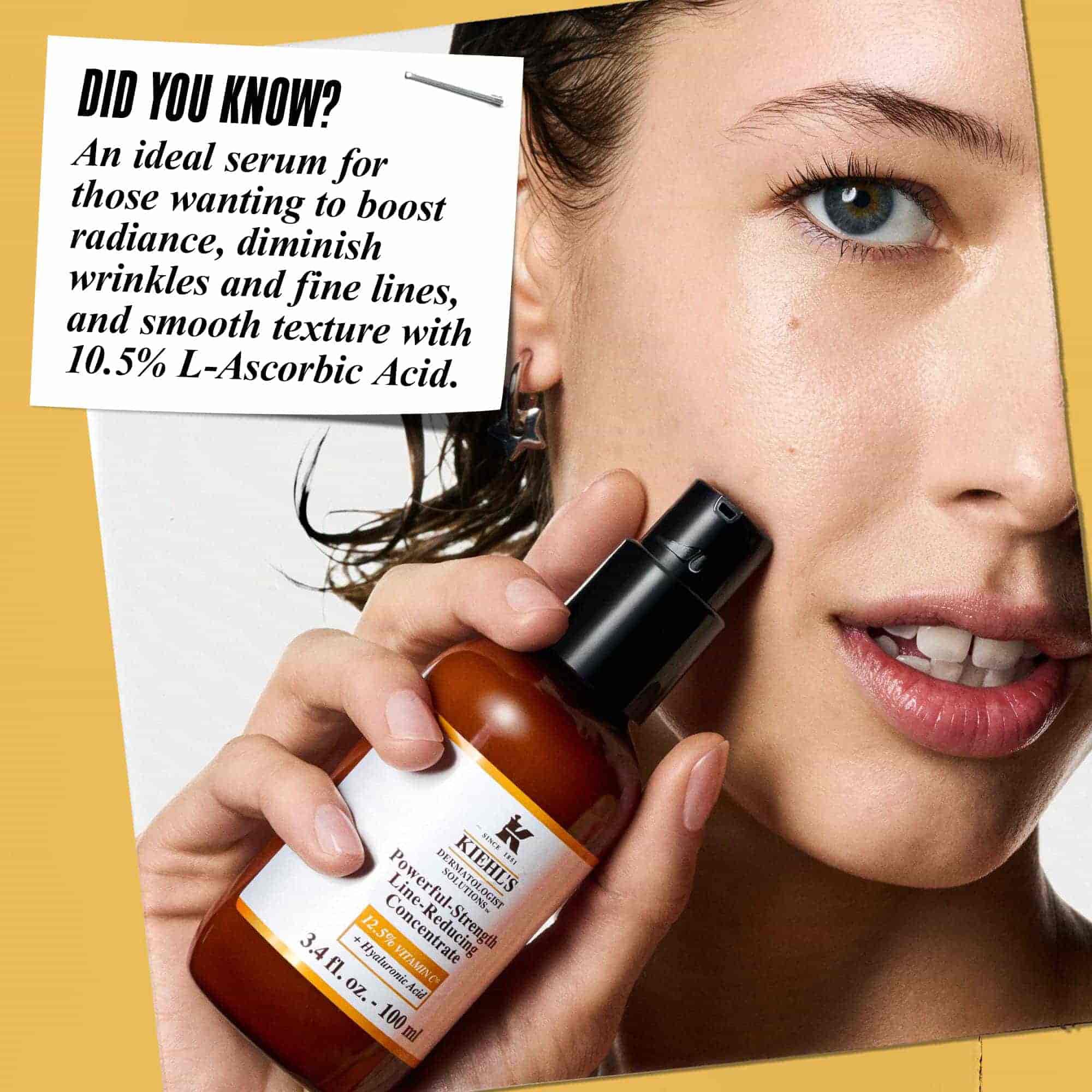 Une personne appliquant le Powerful-Strength Line-Reducing Concentrate sur son visage. Le texte indique : « Le saviez-vous ? Parfait pour le teint irregulier, ce serum hautement efficace est formule avec 12,5 % de vitamine C fragmentee et de l'acide hyaluronique. »