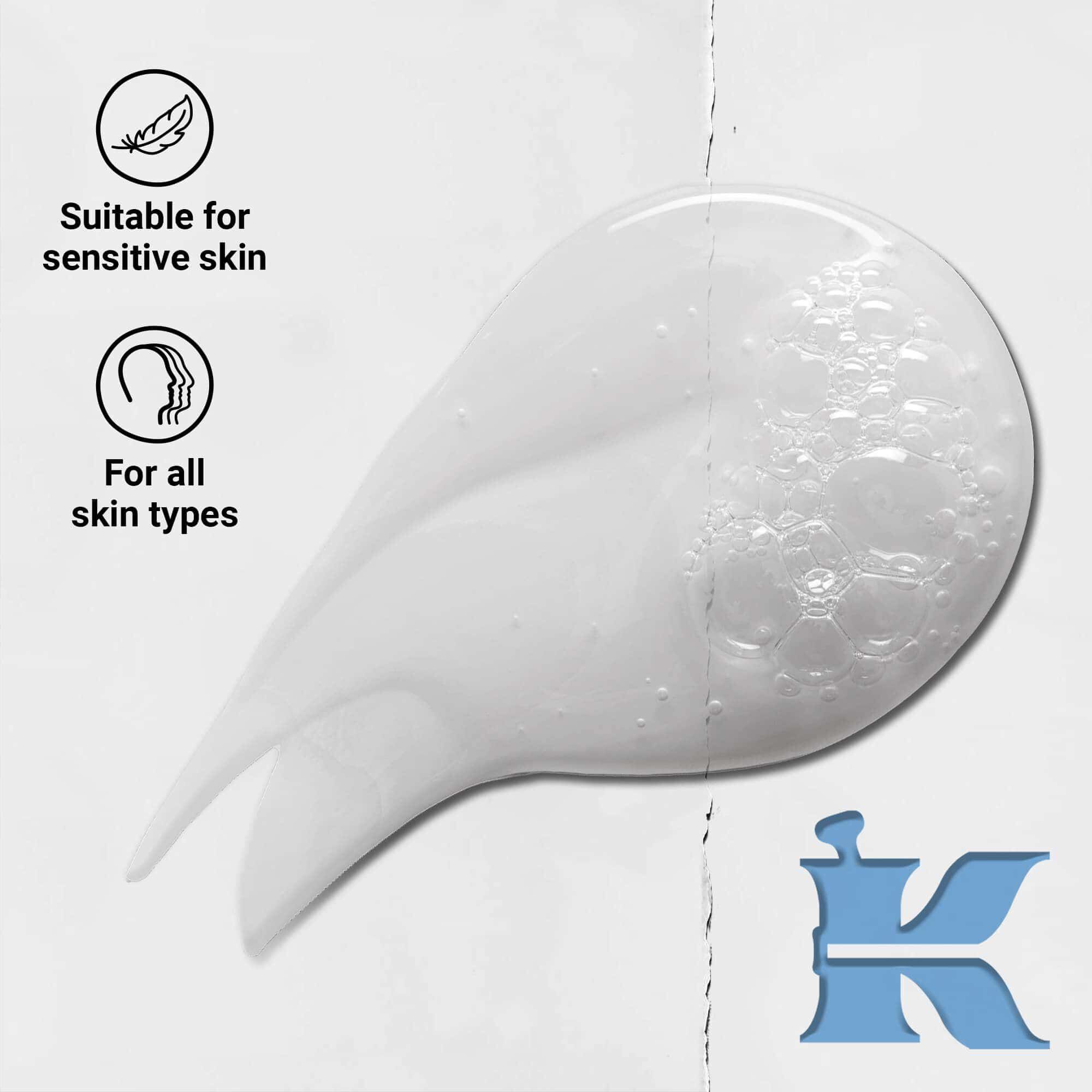 Photo de la texture de l'Ultra Facial Cleanser Kiehl's avec des icones : pour tous les types de peau et peaux sensibles